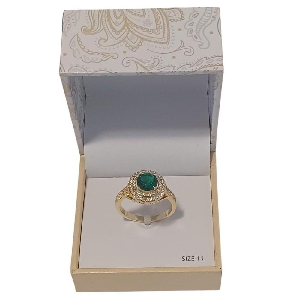 Charter Club Statement Ring Sz 11 Gold-Tone Emerald Green Crystal Halo New Box